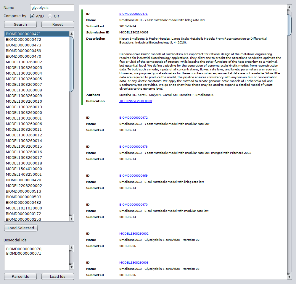 The BioModels import dialog with the results of a search for glycolysis