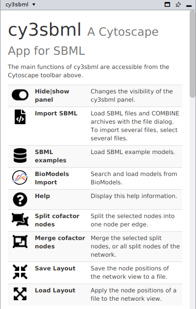The cy3sbml help page in the cy3sbml panel, with the toolbar buttons of the app