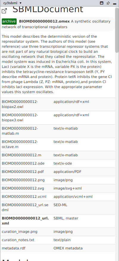 The info panel of the SBML document of BIOMD0000000012.omex: the archive with its description and its files, the imported SBML file in bold