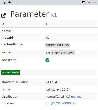 The info panel of the parameter k1 with an uncertainty: a standard deviation and a range that reference the parameter sd_k1, and a normal distribution with a skew
