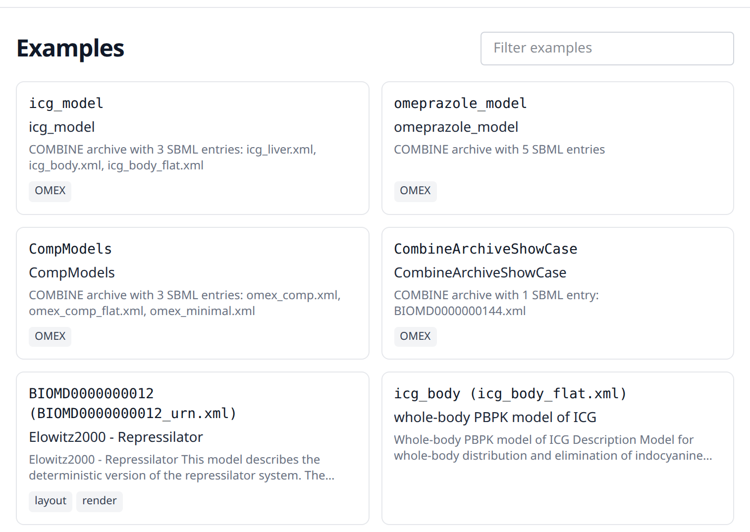 The examples page, with a filter above a grid of example cards