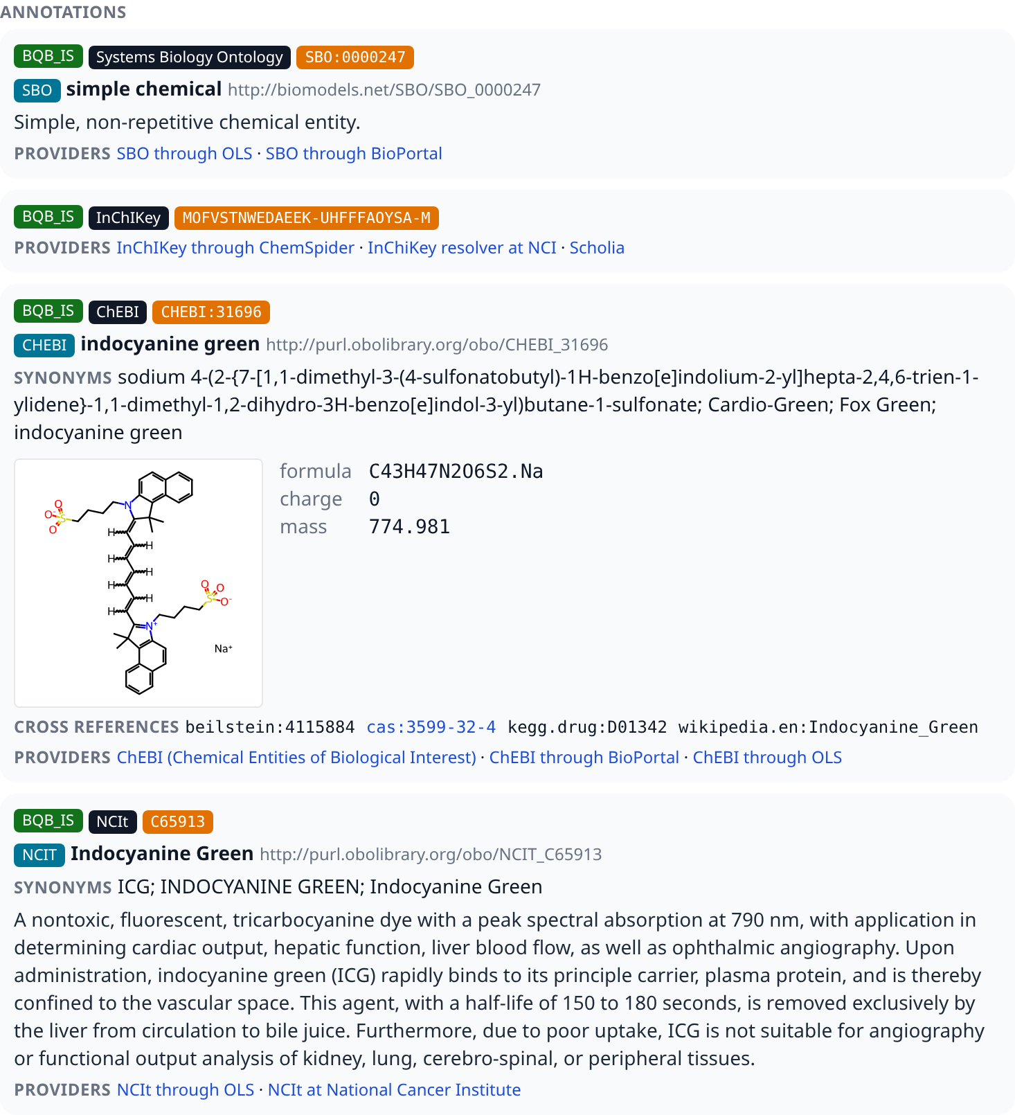 The annotations of a species, one card per resource, with the term of the Systems Biology Ontology, the compound of ChEBI with its structure and the term of the NCI Thesaurus