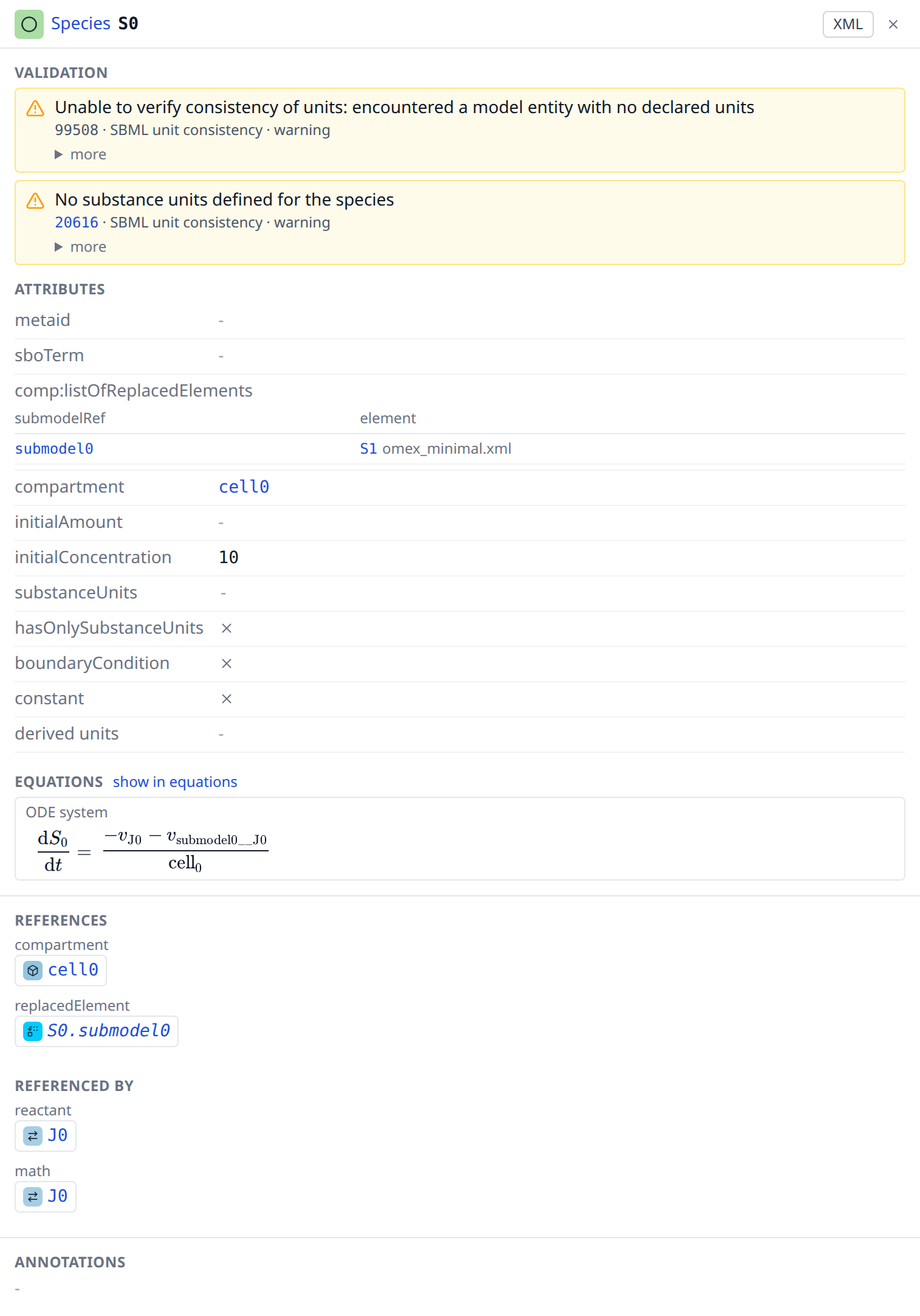 The inspector of the species S0 of omex_comp.xml: its replaced element names the submodel and the species S1 of the entry omex_minimal.xml, whose file name stands behind the link